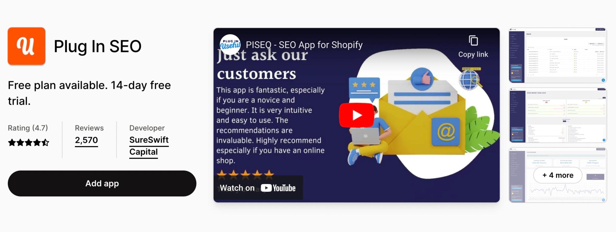 Screenshot of Plug In SEO Shopify App Listing