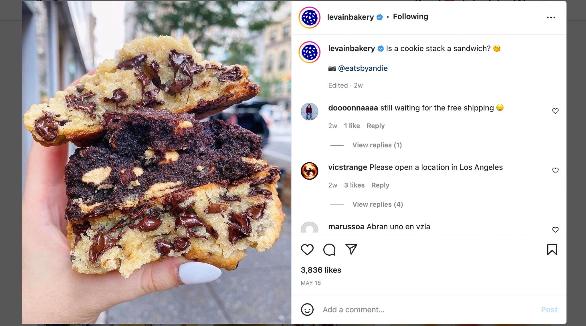 Levain Bakery Instagram Post