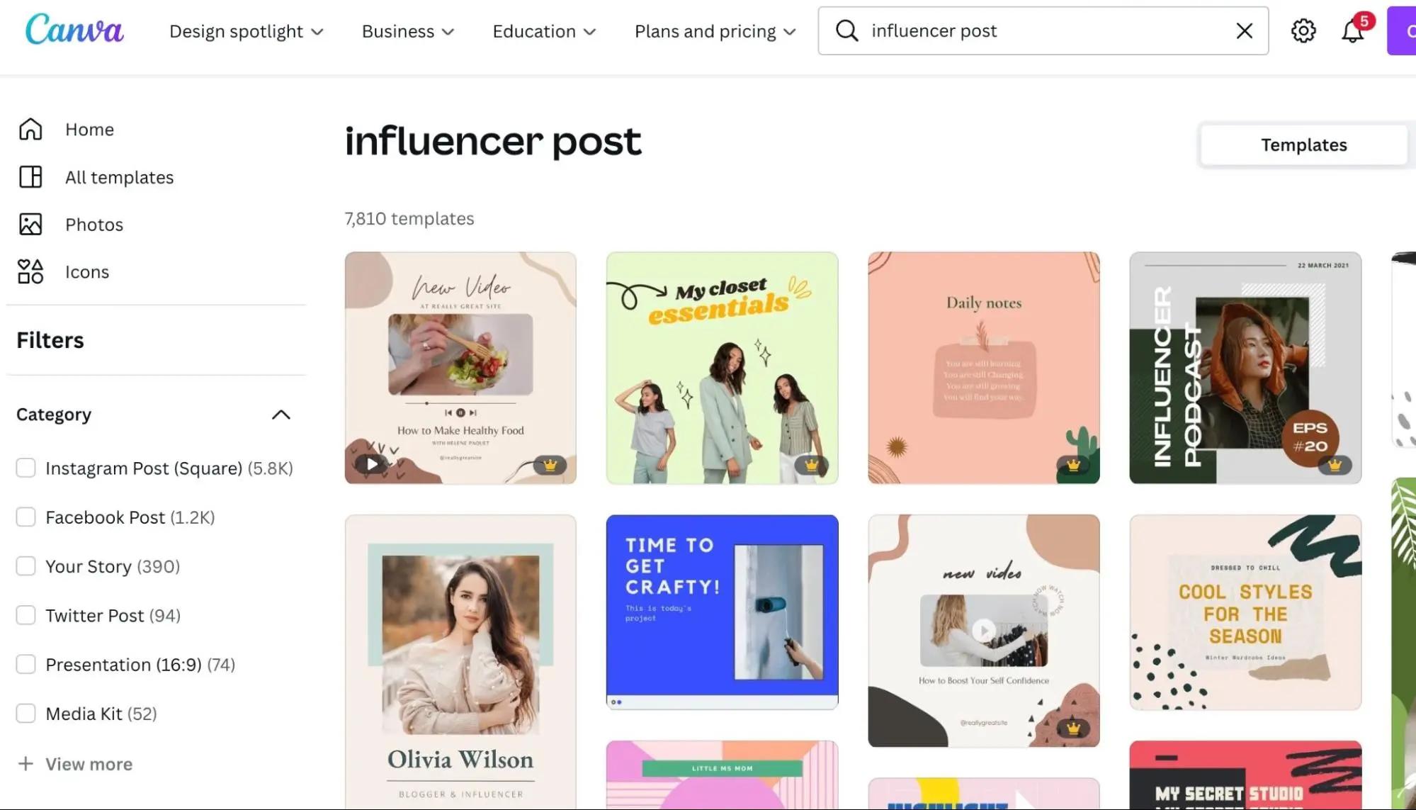 Screenshot of Canva interface showing results for "influencer post" search
