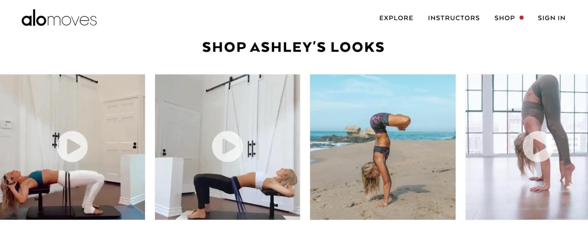 Screenshot of shoppable influencer content on Alo Yoga website