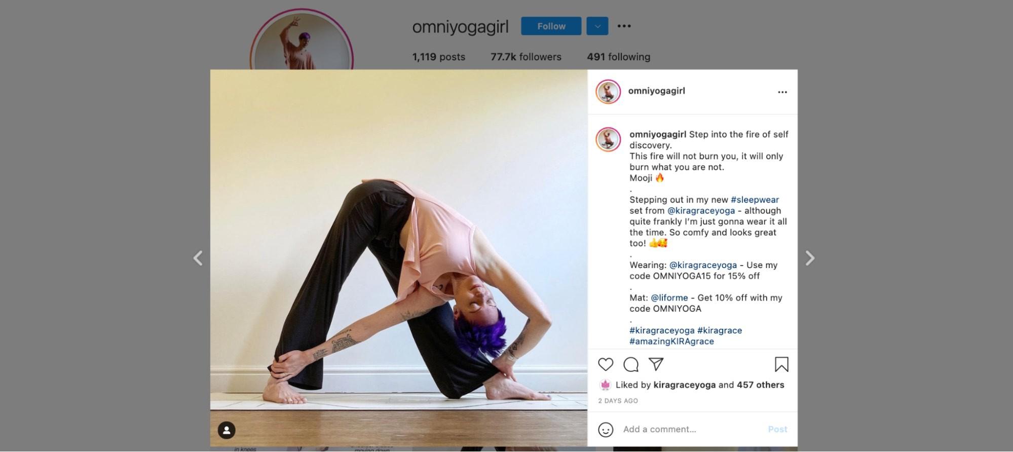 Yoga Influencer's Instagram post featuring KiraGrace apparel and a discount code in the caption