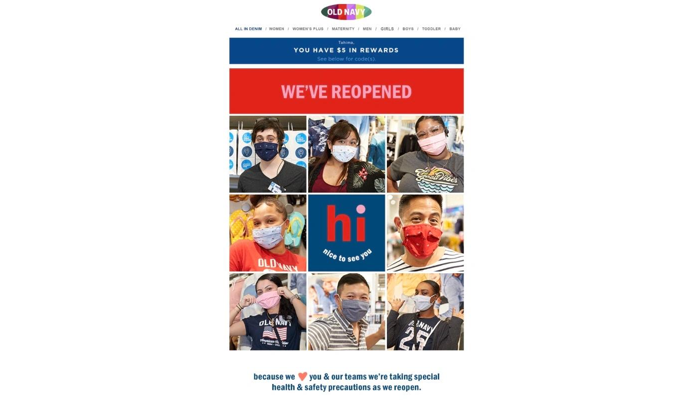 Screenshot of Old Navy Email showing employee selfies with masks on 