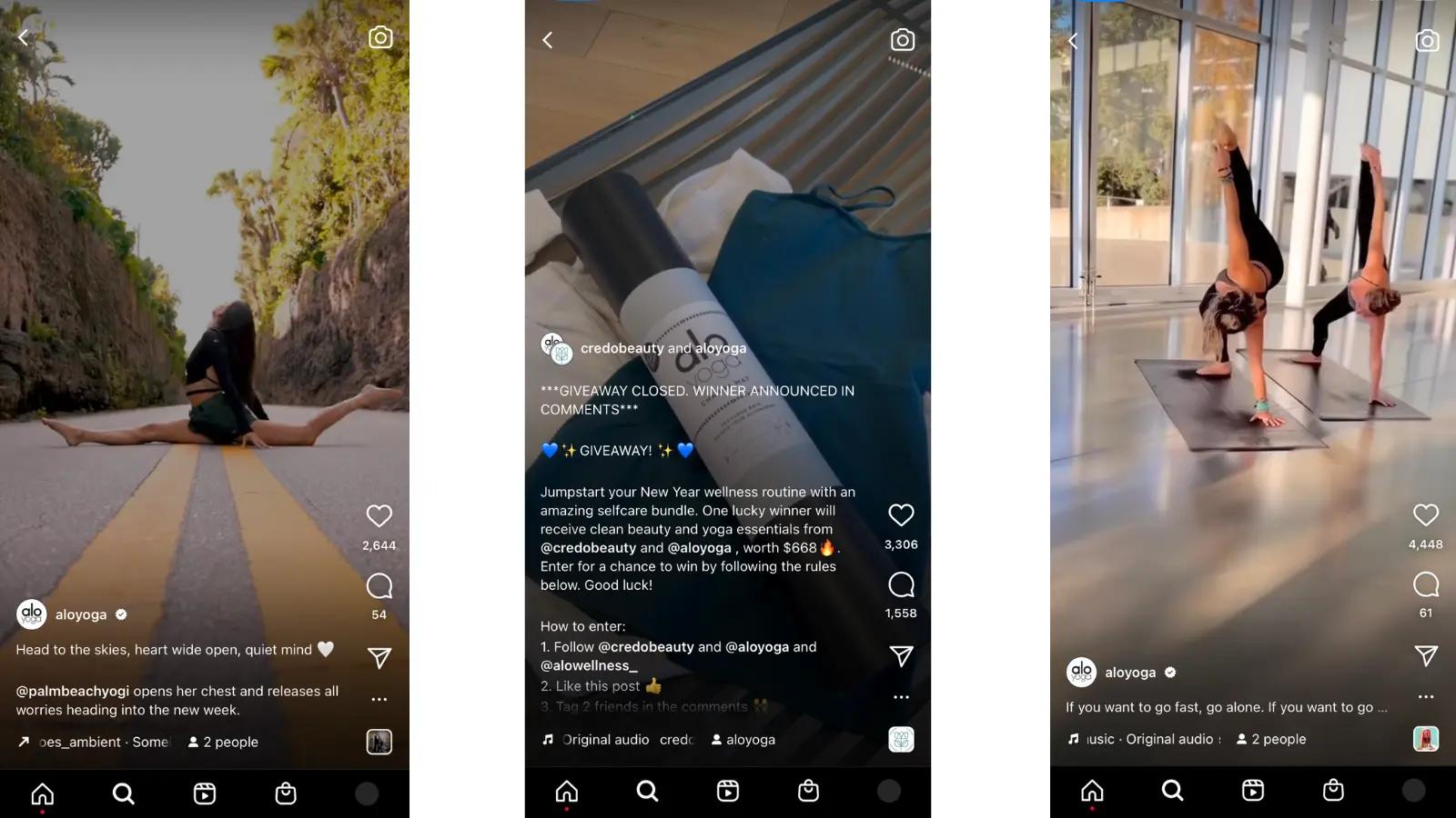 Screenshot of Instagram reels from Alo Yoga