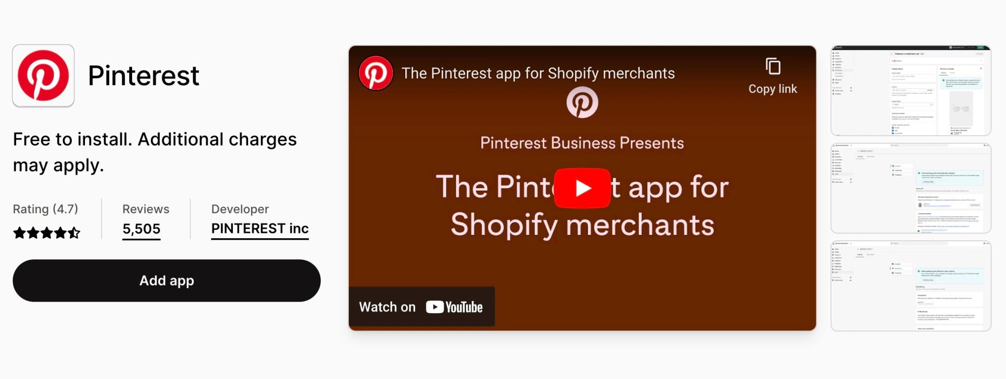 Screenshot of Pinterest Shopify App Listing