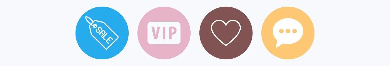 Four example icons: price tag, VIP 