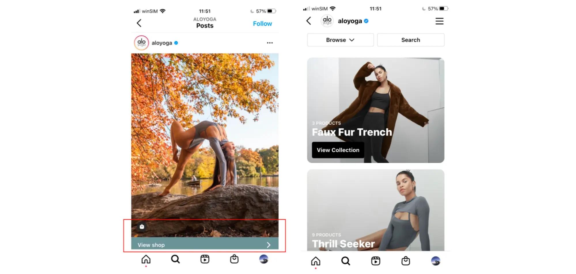 Screenshot of Alo Yoga shoppable Instagram posts