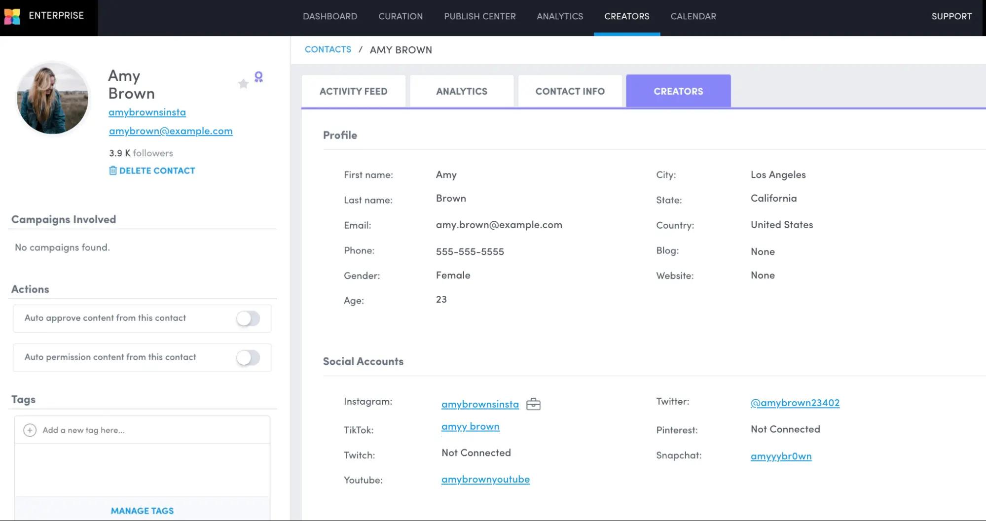 screenshot of Pixlee TurnTo influencer profile platform
