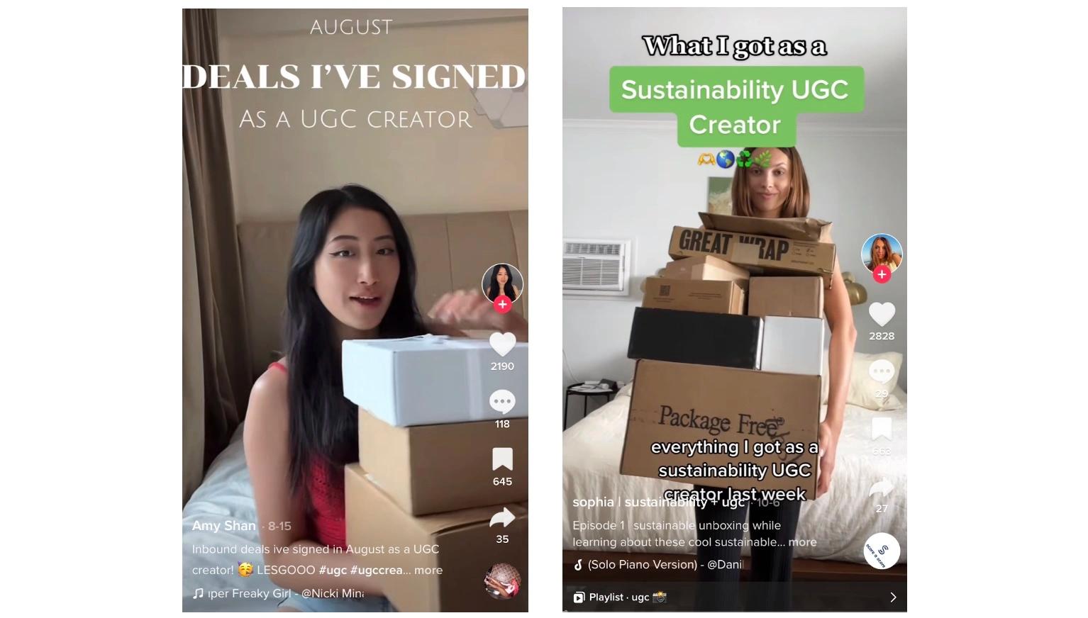 Two screenshots of TikTok videos from UGC Creators holding boxes