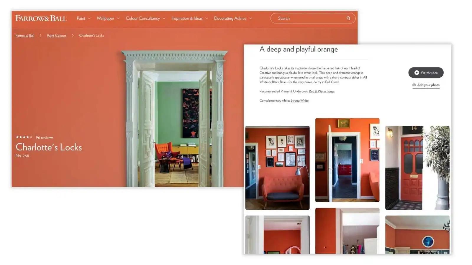 Screenshot of orange paint product page on Farrow and Ball's website