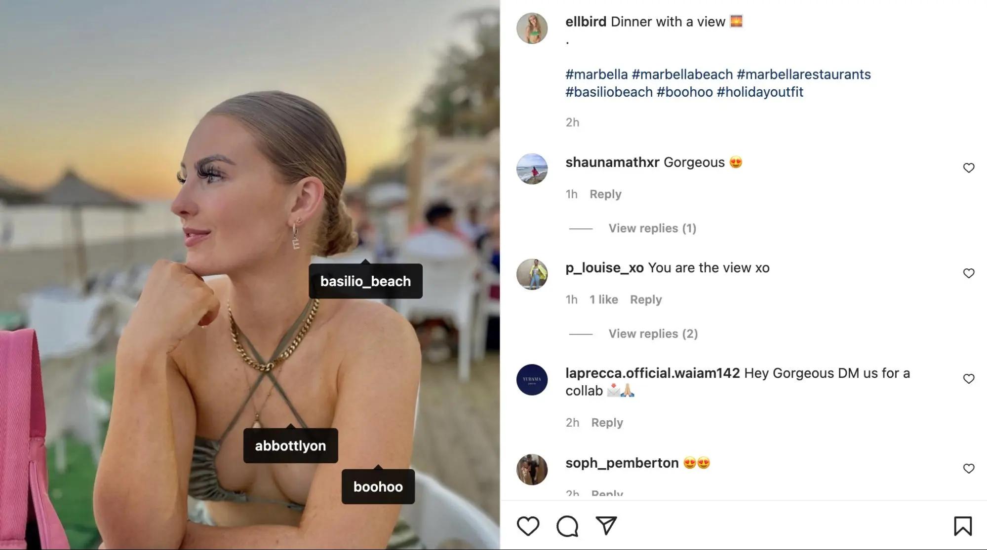 Screenshot of influencer @ellbird's Instagram post tagging multiple brands