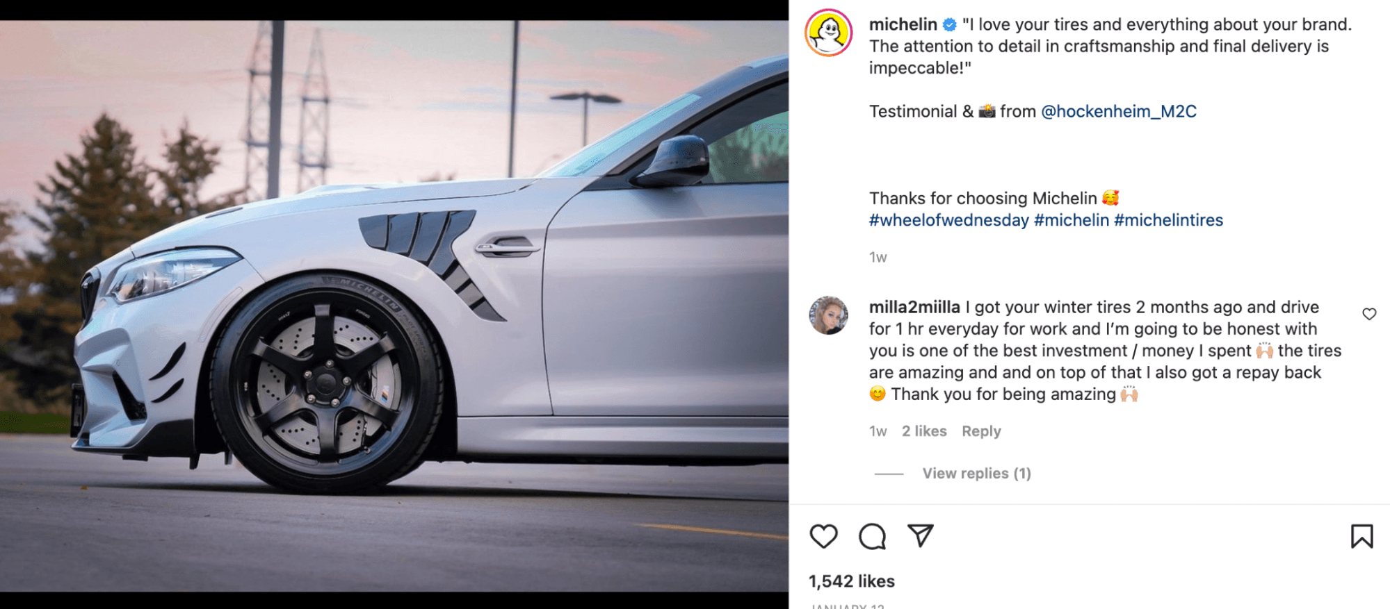 Screenshot of Michelin tires Instagram post featuring customer UGC