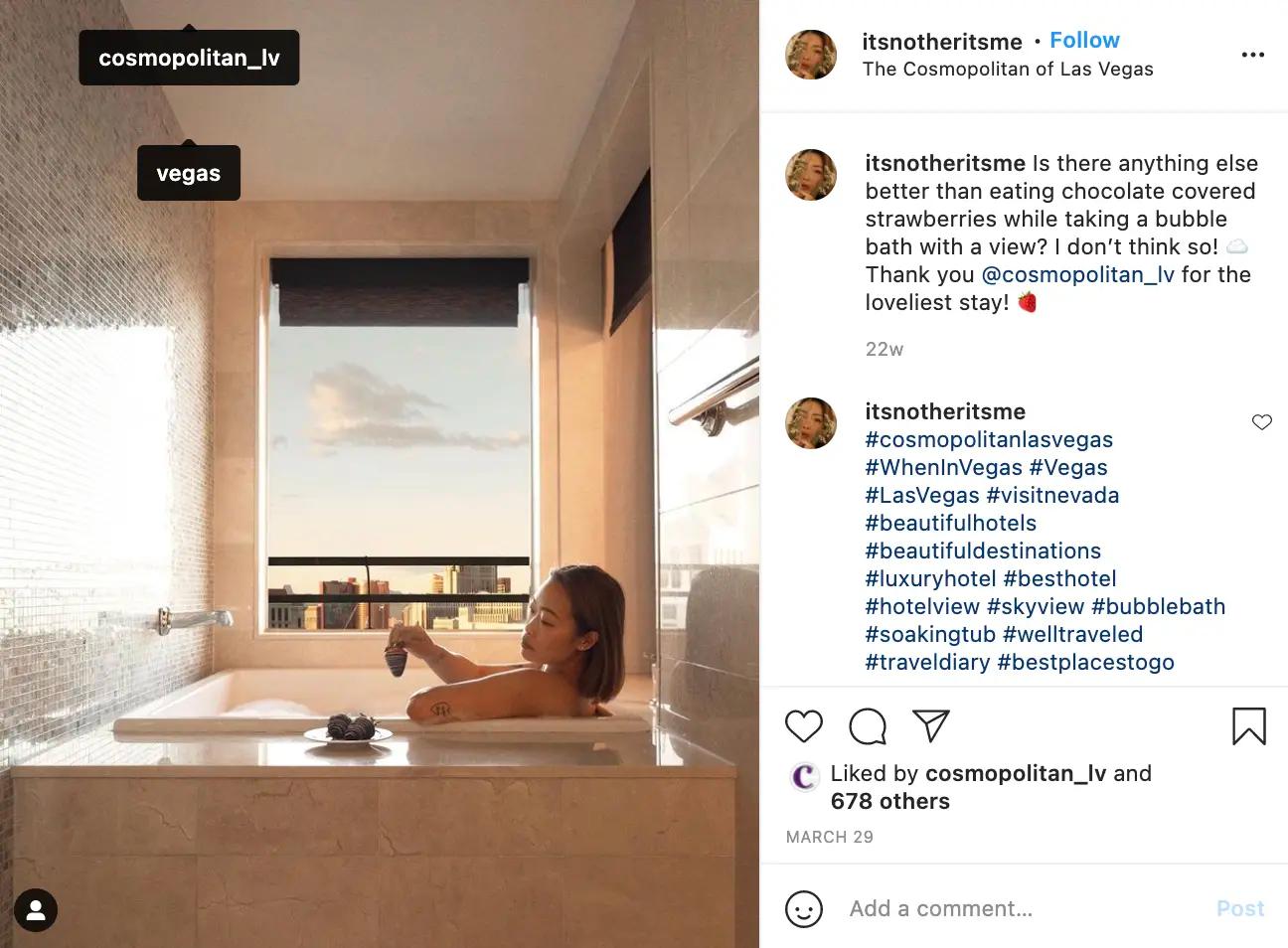 Instagram post from micro-influencer eating chocolate-covered strawberries at the Cosmopolitan of Las Vegas in the bathtub