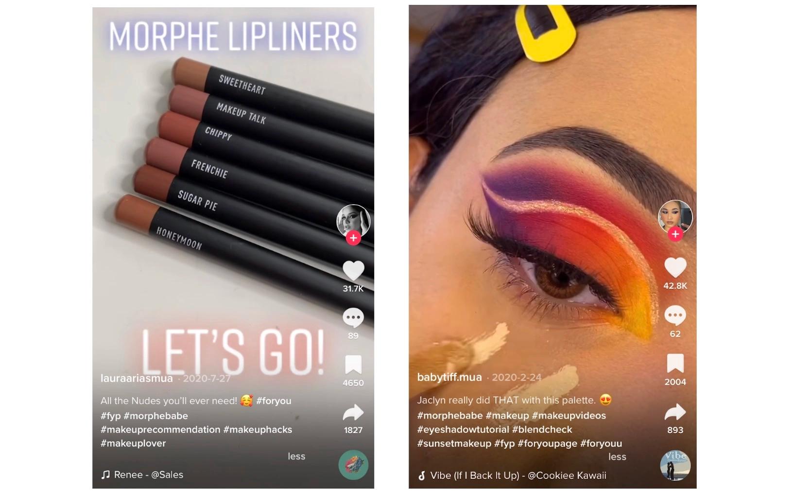 Screenshots of influencer TikTok videos showing Morphe makeup products