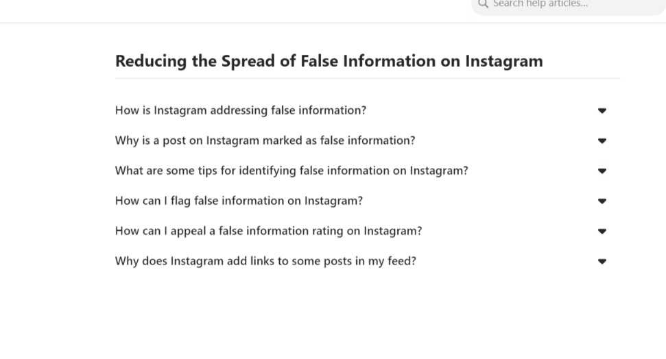 Screenshot of Instagram's FAQ Section on false information 