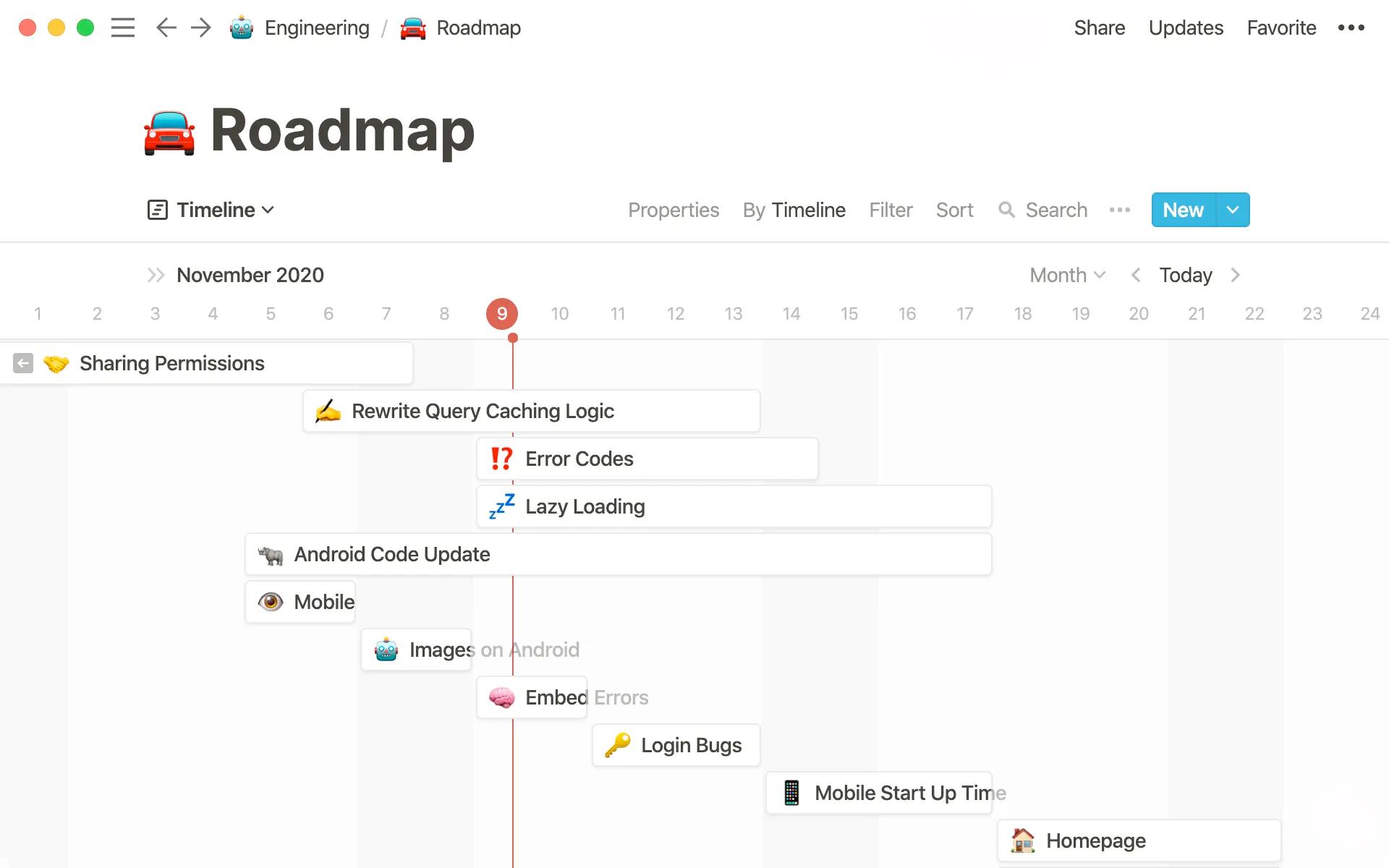 Screenshot of Notion Roadmap feature showing different tasks on a calendar