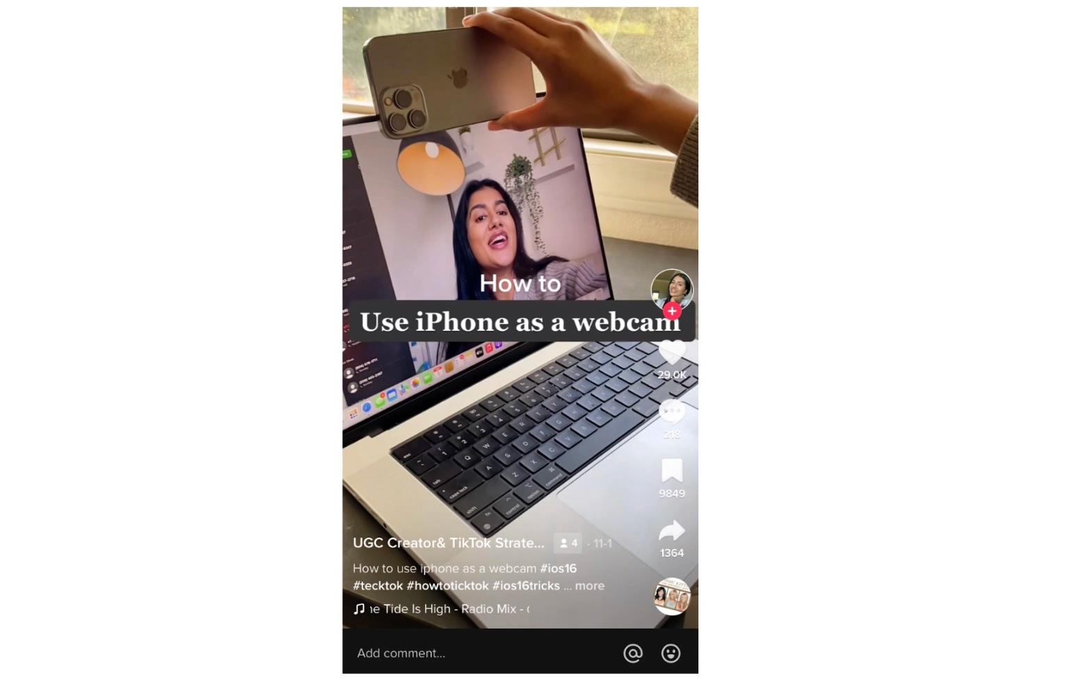 Screenshot of TikTok video with woman showing how to set up iPhone on top of computer to create a webcam