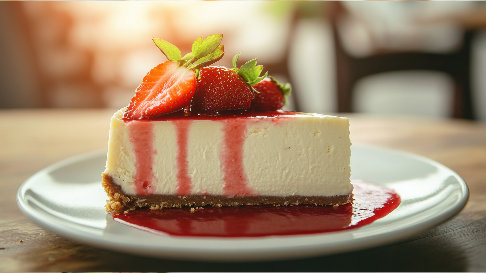 Slice of cheesecake with strawberries on a plate