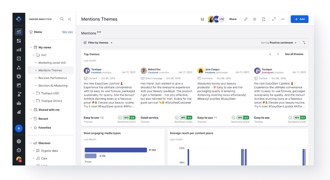 Emplifi Unified Analytics Mentions Themes Dashboard