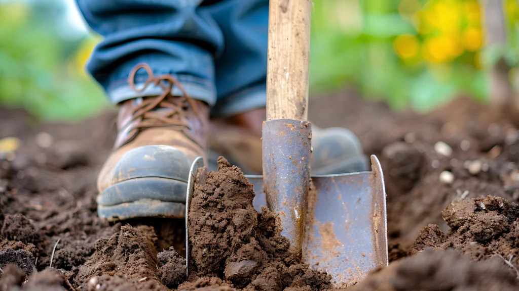 man digging dirt with shovel