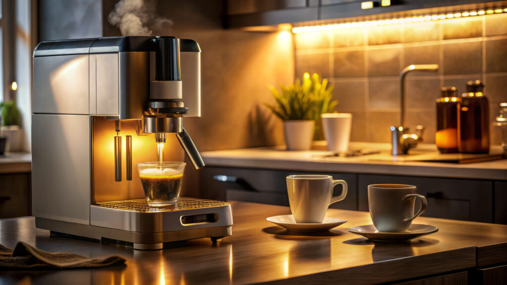 Expresso machine in a kitchen with 2 mugs of coffee