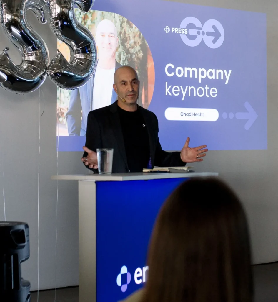 Emplifi CEO Ohad Hecht speaks at an interal sales kickoff.