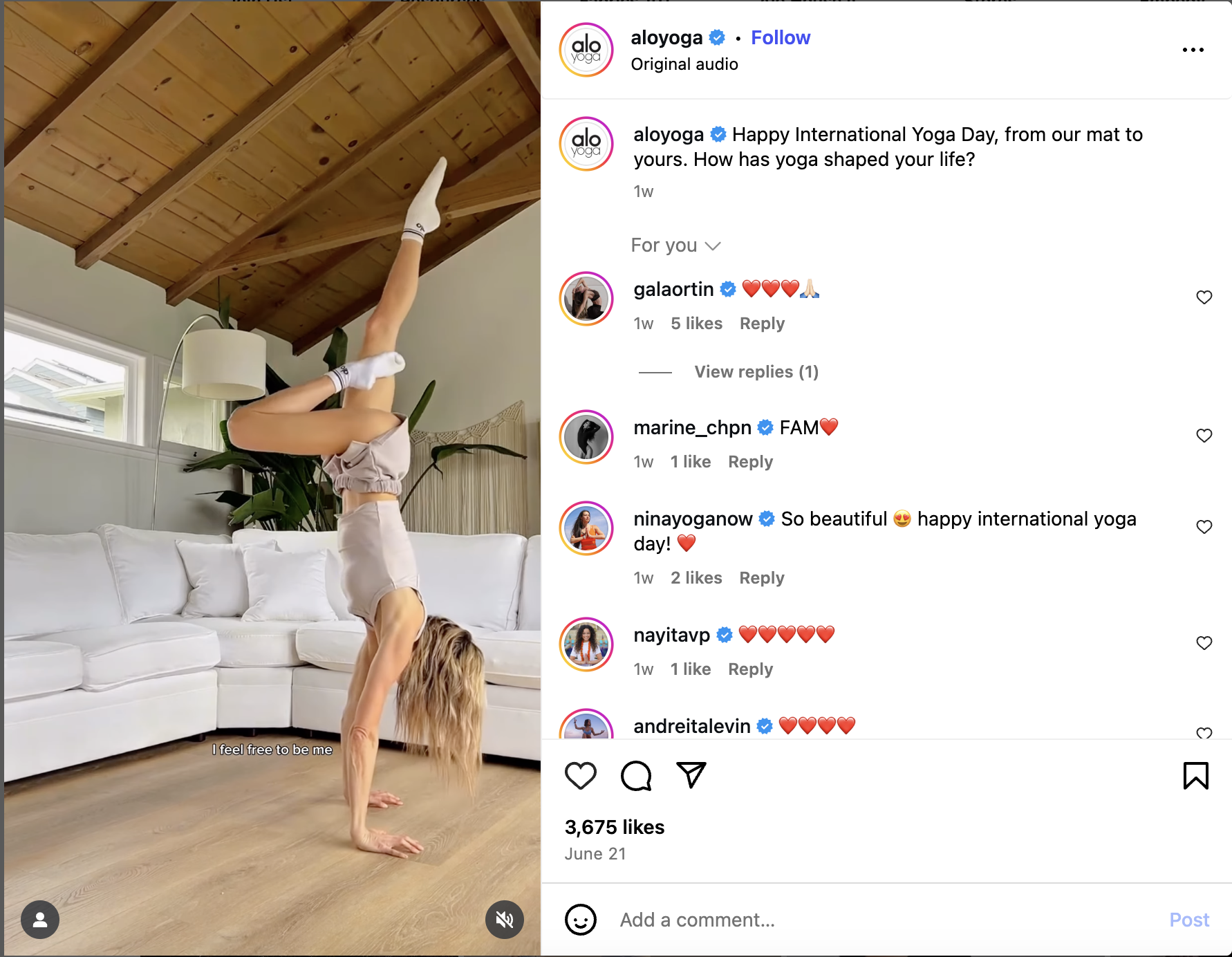 Example of Alo Yoga using Instagram Reels as a part of their social media strategy. 