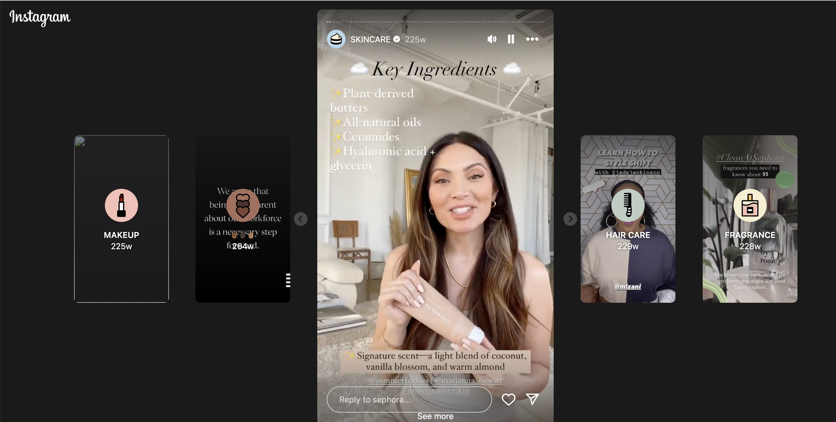Sephora leveraging influencer content as a part of their Instagram Reels strategy. 