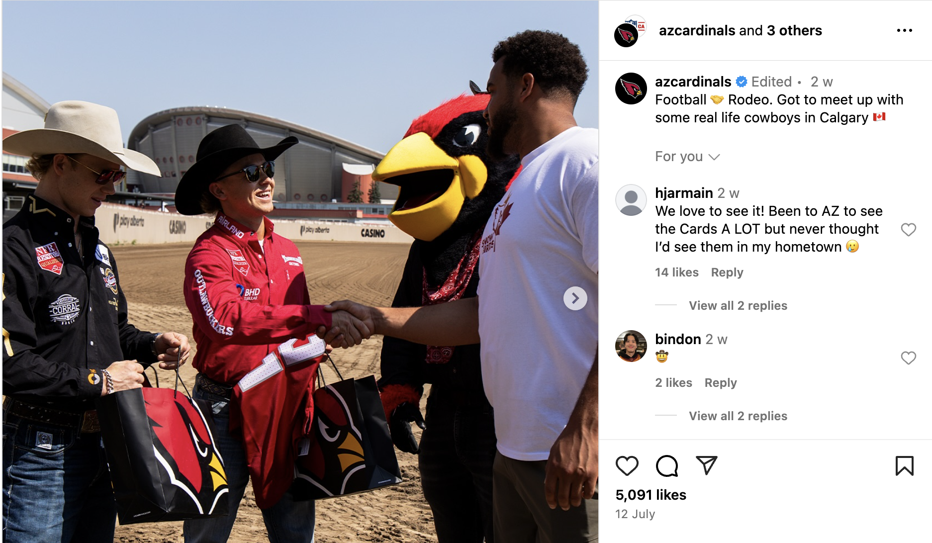 Example of a successful social media post from Arizona Cardinals on Instagram.