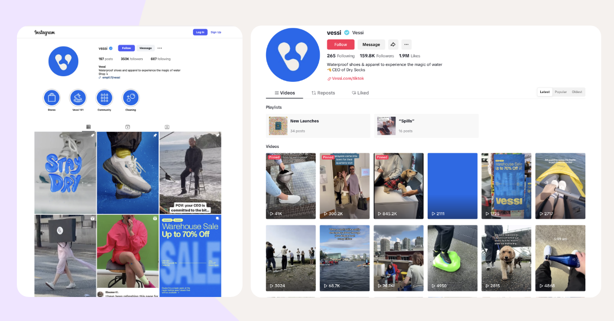 side-by-side visual comparison of Vessi's Instagram grid vs. their TikTok grid.