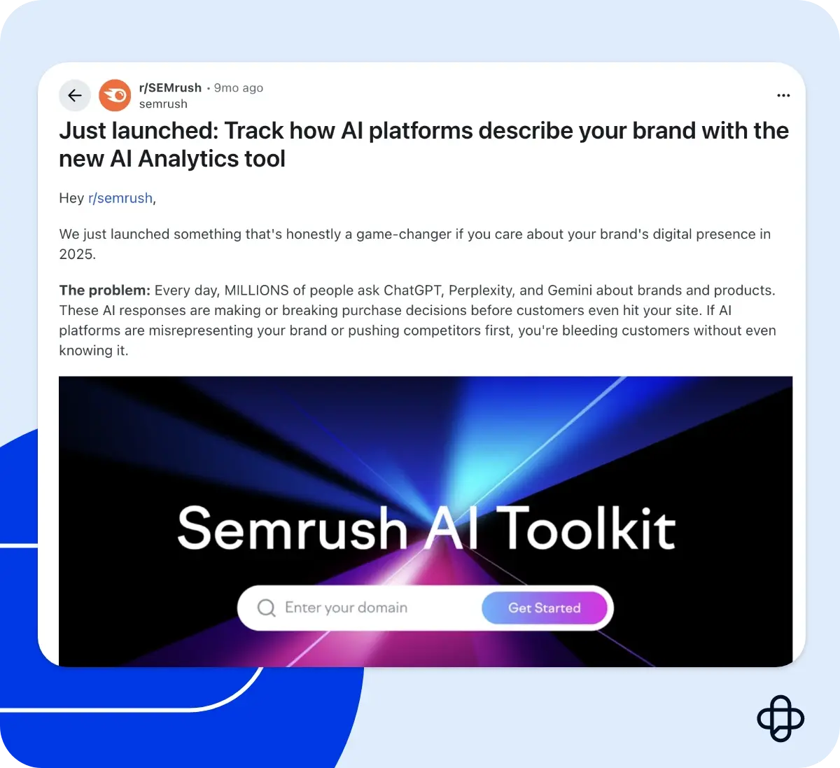 Graphic showing SEMRush announcement in their own subreddit