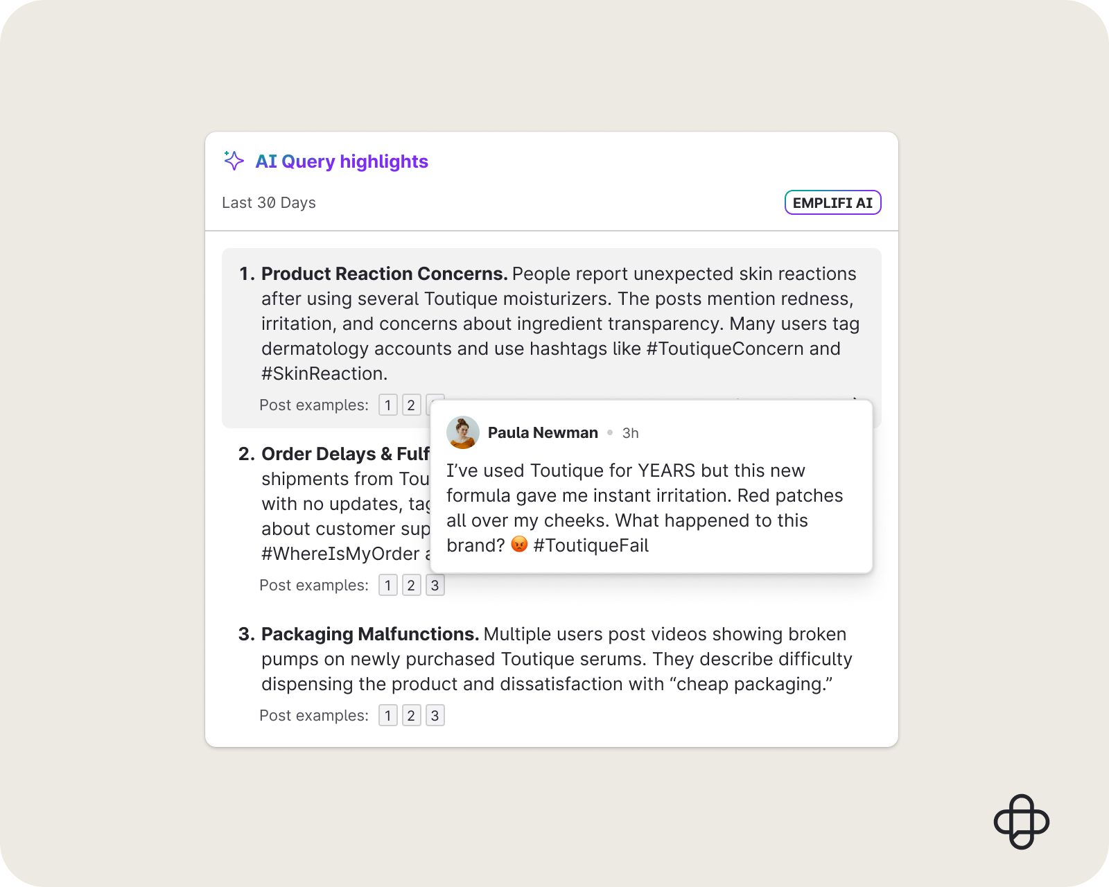 Screenshot showing social listening crisis unfolding via Emplifi platform