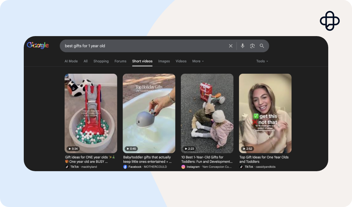 Screenshot showing a search for best gifts for 1 year old on YouTube