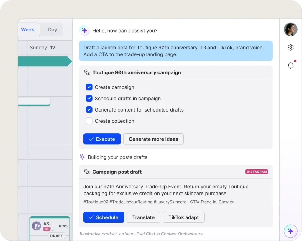Content Orchestration interface within the Emplifi Autonomous CX Platform showing brand-trained AI agents.