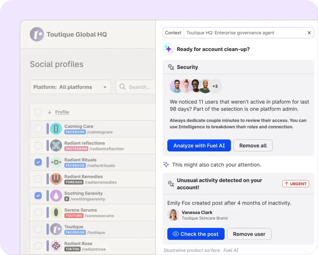Security and compliance dashboard within the Emplifi Autonomous CX Platform.