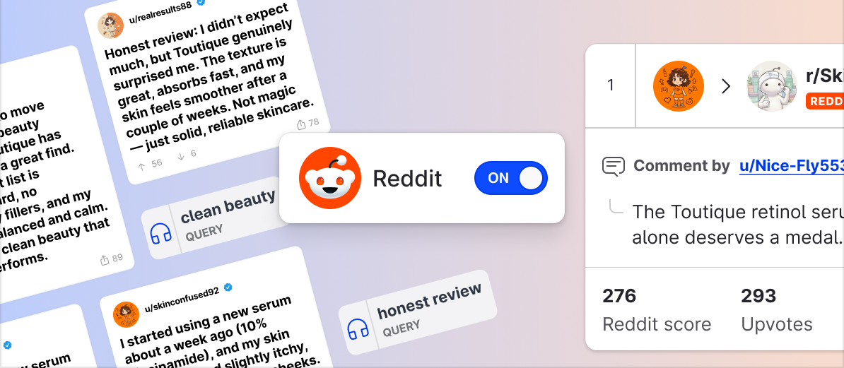 Reddit enabled as a listening source with Reddit comments and query results