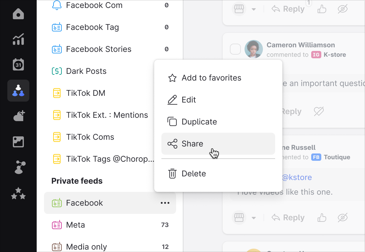 Emplifi Community feed menu with the share option highlighted