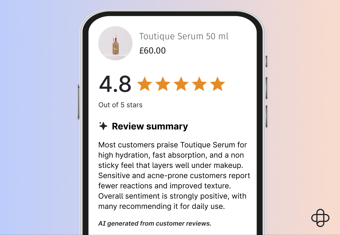 Product page on a phone showing a star rating and an AI-generated review summary