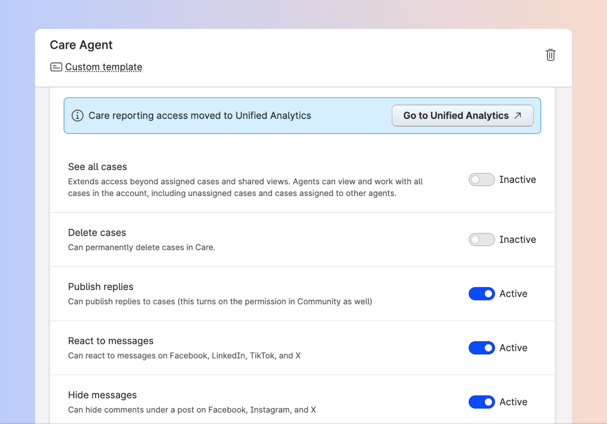 Emplifi Care permission settings with toggles for case and message actions