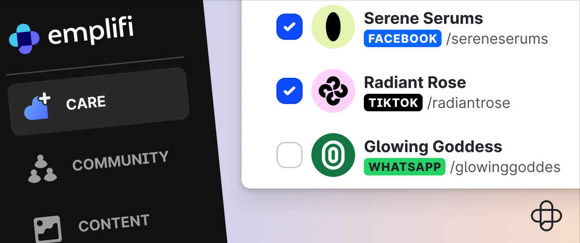 Emplifi Care profile selector with social profiles checked for case visibility