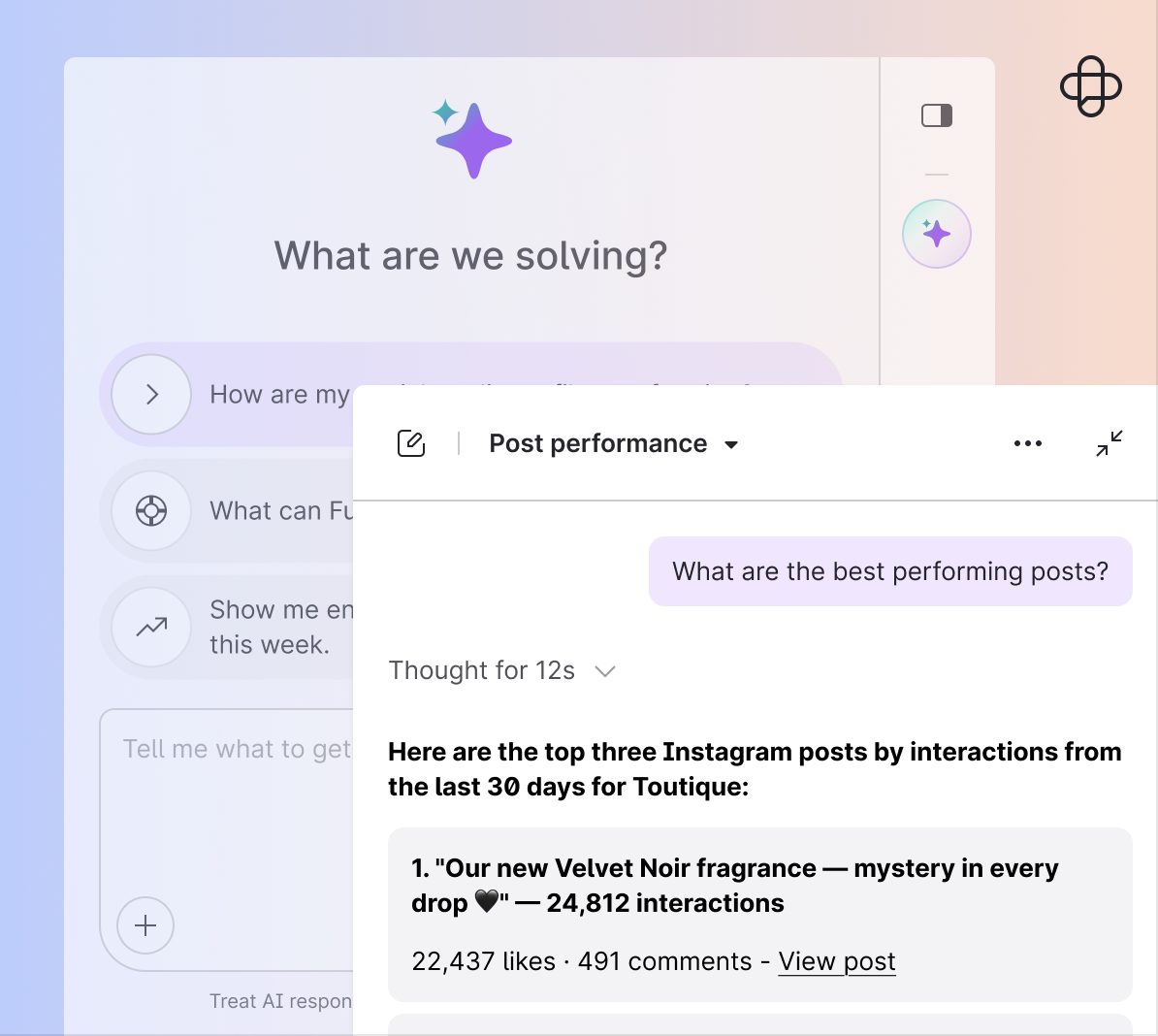 Fuel AI conversation answering a question about the best performing Instagram posts