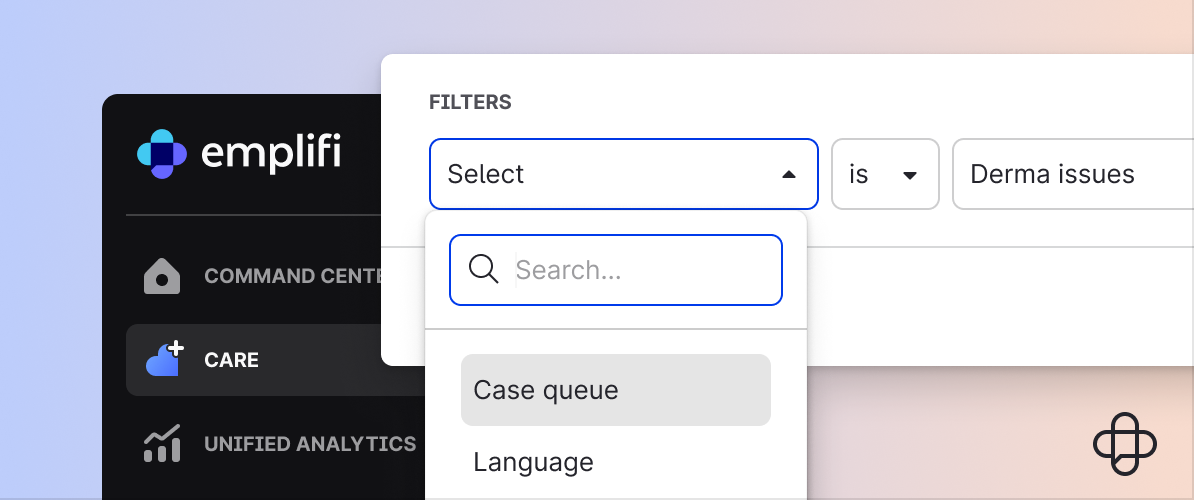 Emplifi Care filter menu with the case queue option selected