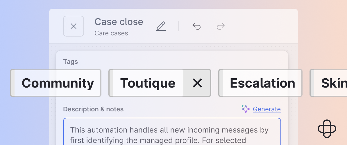 Flow Automations editor showing custom tags such as Community and Escalation