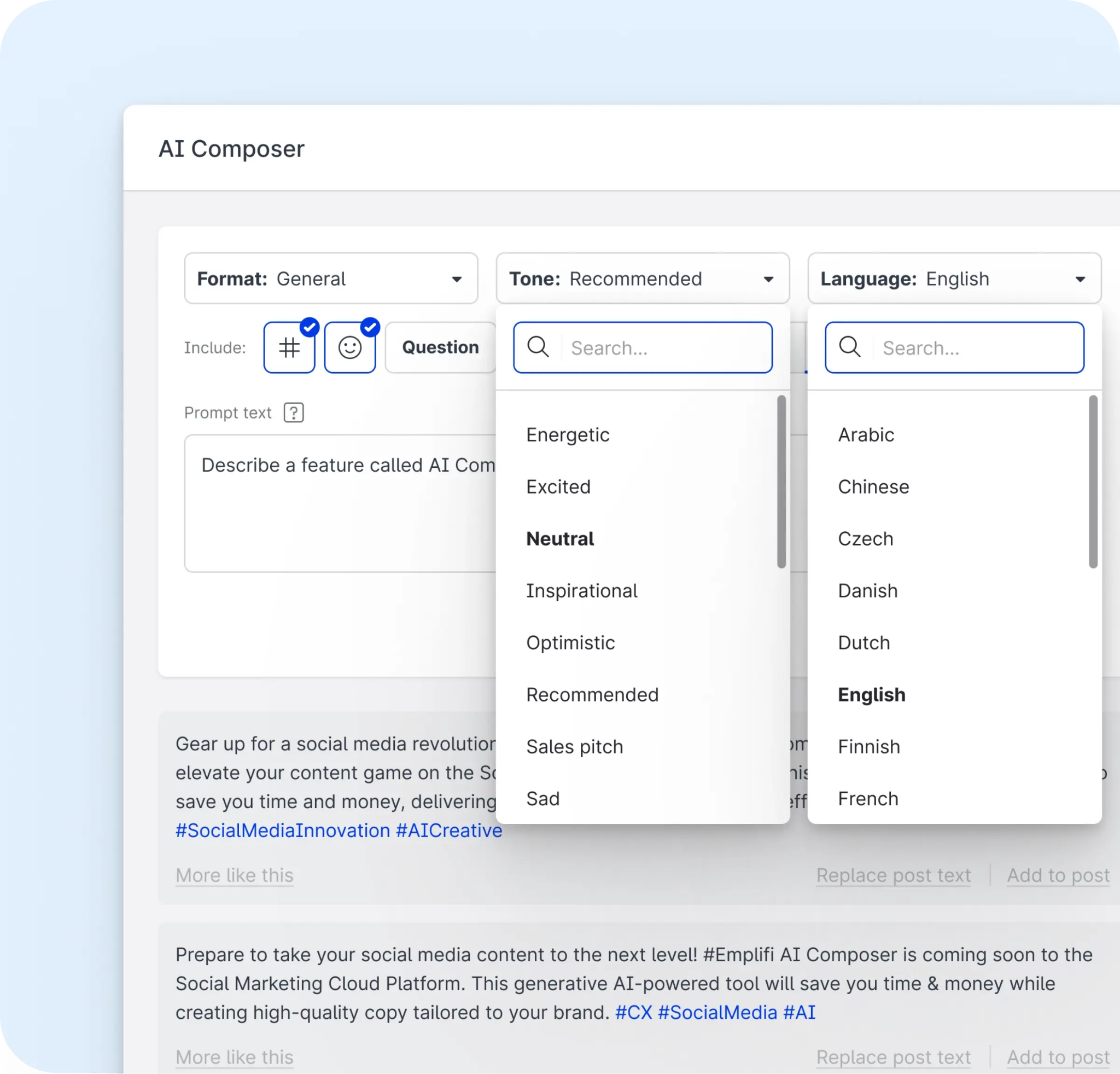 Emplifi AI Composer with format, tone and language options and two generated social post variations