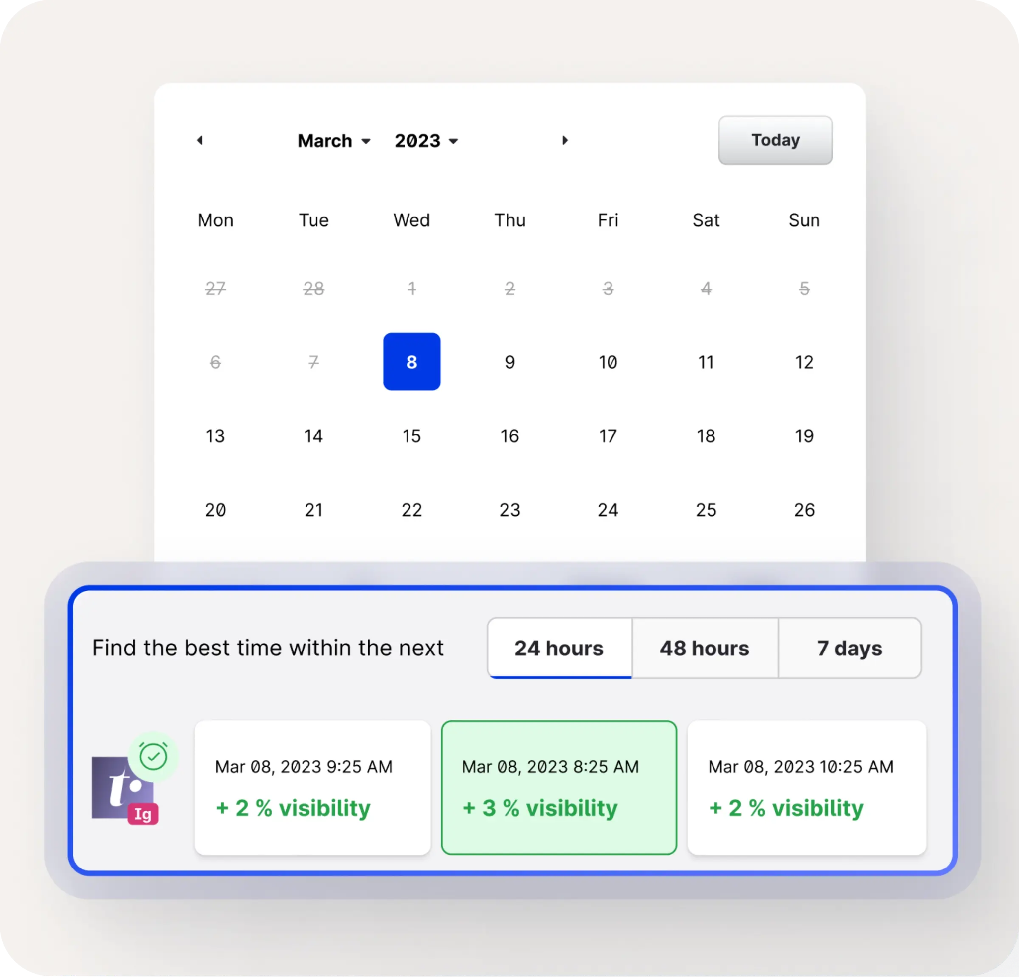 Emplifi PrimeTime scheduler showing the best posting times within the next 24 hours, 48 hours or 7 days