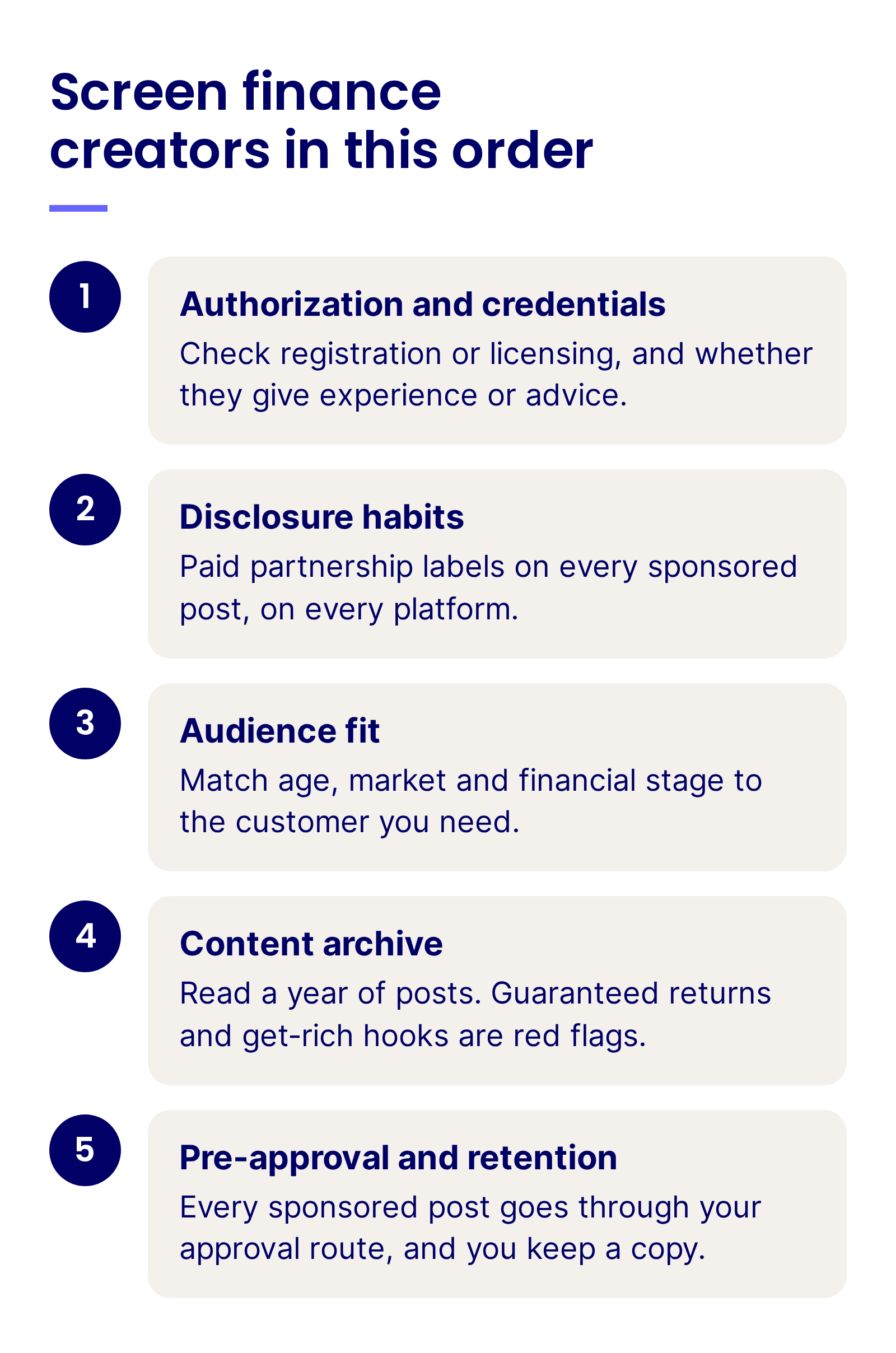 Creator screening order for financial brands: authorization and credentials, disclosure habits, audience fit, content archive, then pre-approval and retention of every sponsored post