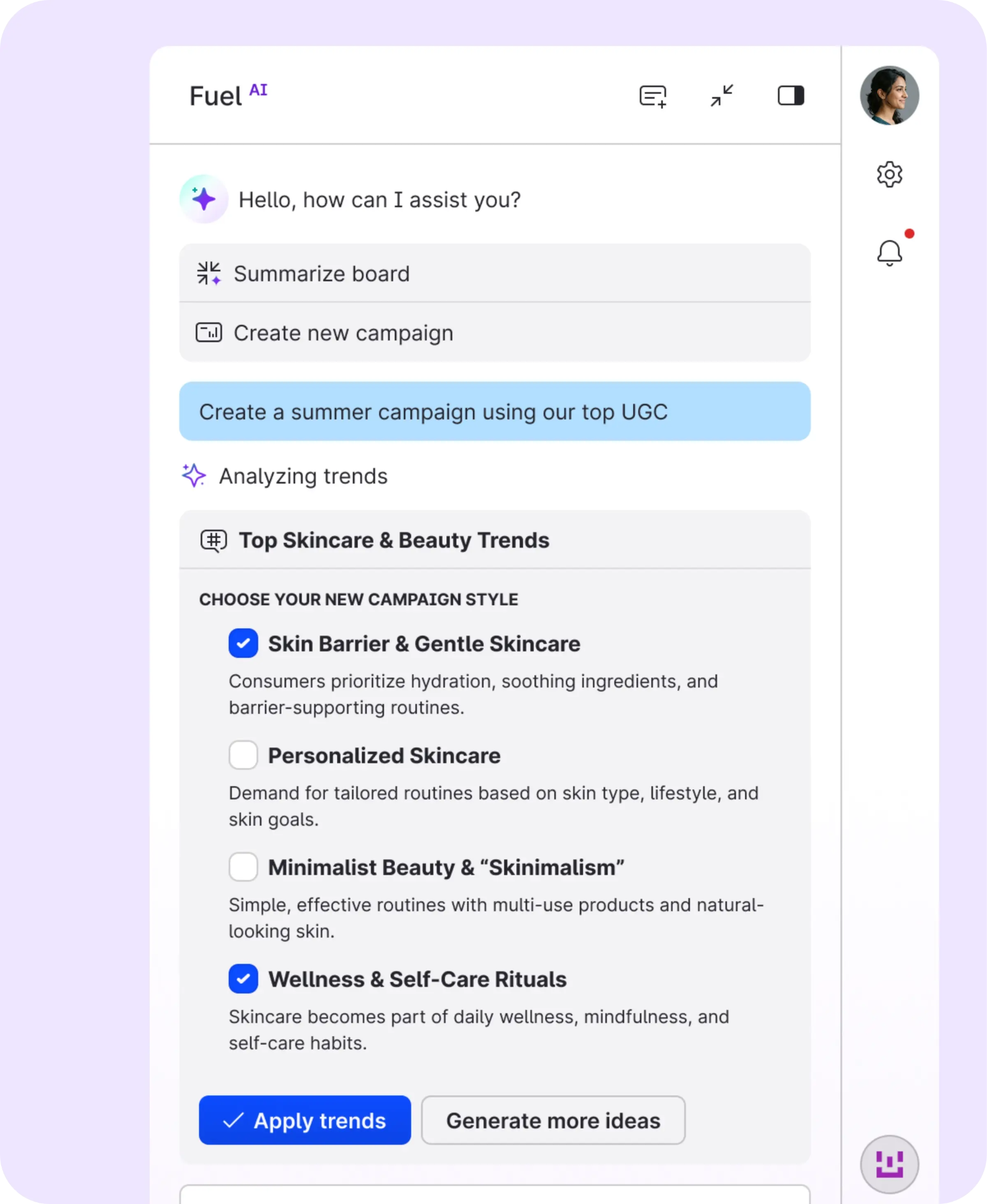 Fuel AI assistant panel in Emplifi suggesting skincare and beauty campaign trends from a plain-English prompt
