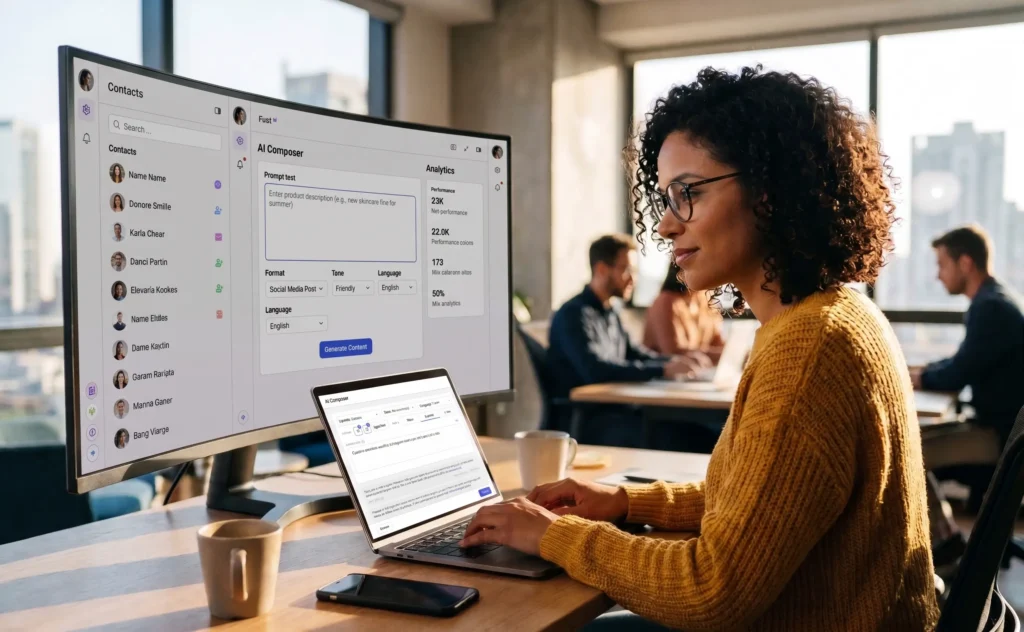 Social media marketer using Emplifi AI Composer on a desktop monitor and laptop