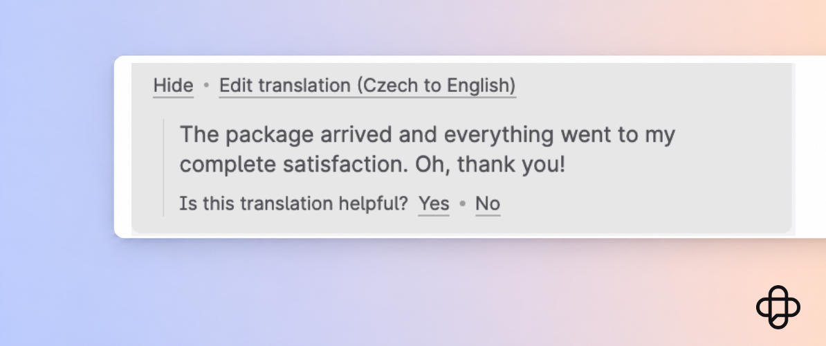 English translation of a customer message in Emplifi Care, with options to hide or edit the translation