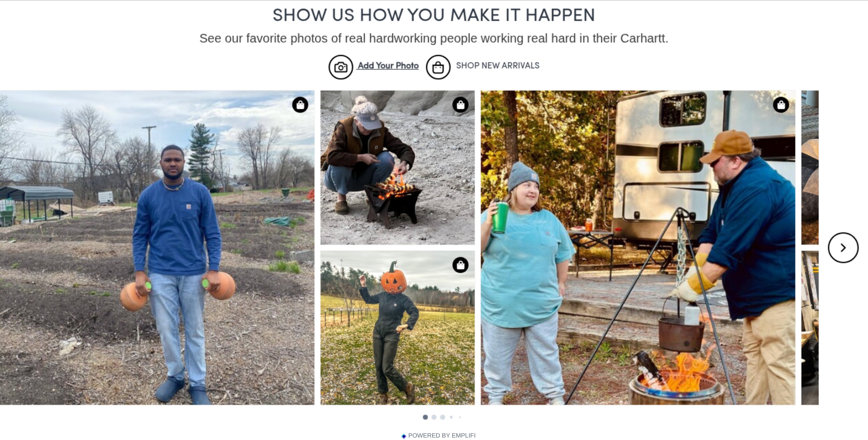 UGC conversion example: a gallery of customer photos of people wearing Carhartt gear on a Carhartt product page, headed "Show us how you make it happen"