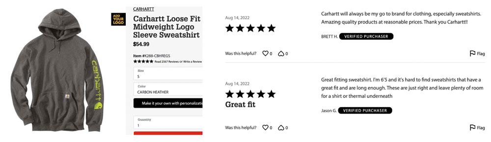 A Carhartt sweatshirt product page on Gemplers' site showing five-star Carhartt reviews from verified purchasers